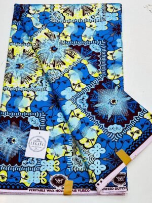Crystals Elegance Vlisco Wax – Sky Blue & Yellow Floral Pattern