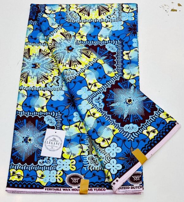 Crystals Elegance Vlisco Wax – Sky Blue & Yellow Floral Pattern