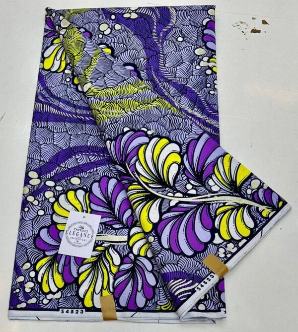 Crystals Elegance Wax Print – Purple & Yellow Swirl Design